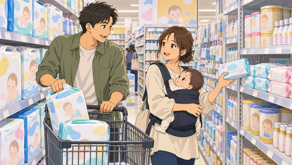 ドラッグストアのベビー用品売り場で、父親がカートに紙おむつのパックを足しながら、赤ちゃんを抱っこひもで抱いた母親に話しかけ、母親がおしりふきを手に取っている様子