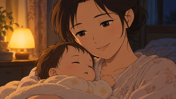 夜の寝室で、小さな卓上ライトの明かりの中、眠りかけの赤ちゃんを抱いた母親がやさしく見つめている様子
