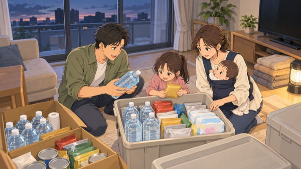 マンションのリビングで、父親と娘が収納ボックスから水のペットボトルと非常食の袋を取り出して確かめ、赤ちゃんを抱っこひもで抱いた母親がのぞきこんでいる様子