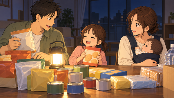 ランタンの明かりのダイニングテーブルに非常食の袋や缶詰が並び、娘がビスケットの箱を持って笑い、父親が袋を選び、母親が赤ちゃんを抱いて座っている様子