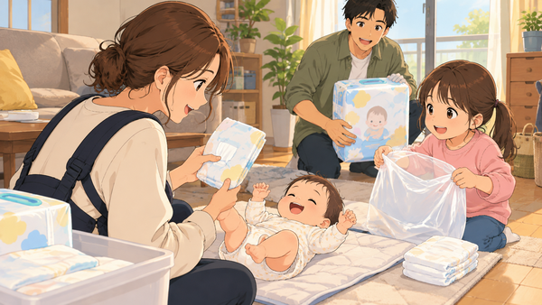 リビングのマットの上で笑う赤ちゃんのおむつ替えを、母親が新しい紙おむつを持って準備し、娘がポリ袋を広げ、父親が紙おむつのパックを運んでいる様子