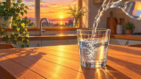 夕暮れの台所で、コップに注がれた一杯の水