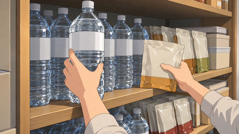 台所の棚に、水のペットボトルと未開封の保存食を3日分並べる手元のイメージ