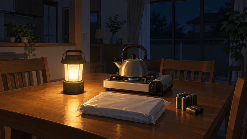 停電した夜のテーブルに、LEDランタンとカセットコンロ、非常用トイレを用意したイメージ
