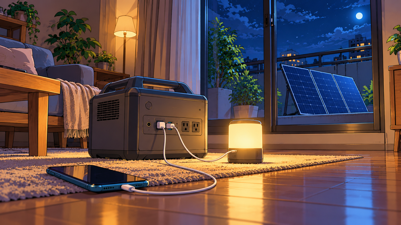 停電した夜のリビングで、ポータブル電源からスマホとLEDライトを充電しているイメージ